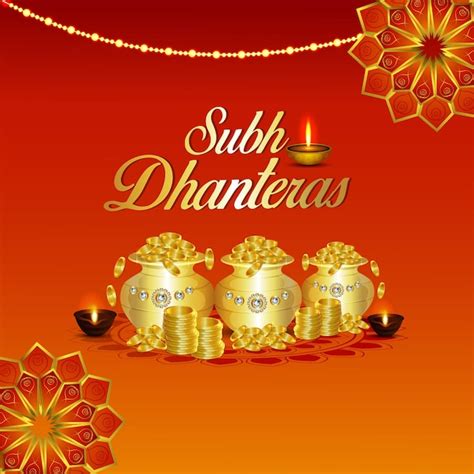 Cartão de convite feliz dhanteras pote de moedas de ouro Vetor