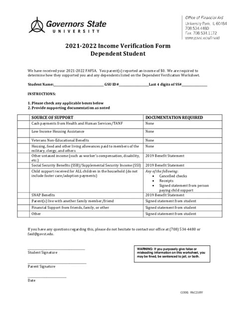 Fillable Online Verification Worksheet Dependent Student Untaxed