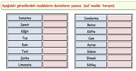 4 Sınıf Fen Bilimleri Saf Madde ve Karışım Etkinliği Meb Ders