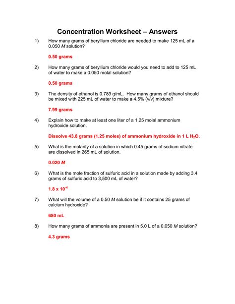 Calculations Of Solution Concentration Worksheet Answers Martin Lindelof