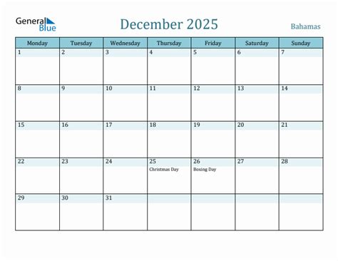 December 2025 - Bahamas Monthly Calendar with Holidays