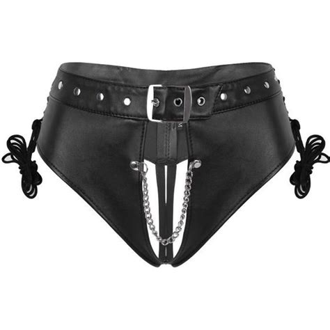 YIZYIF Femme String Sexy Cuir PU Slip Ouvert Entrejambe Lingerie Wetlook Sous vêtements M L Noir