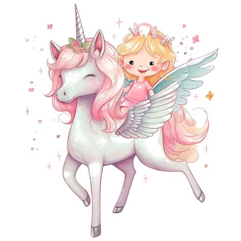 Стикер с еднорог, дете, крила, сърца, звезди, цветя, пегас, лента за ...