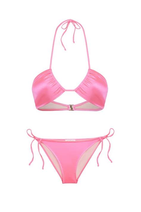Halter Yaka Saten Pembe Bikini Takım