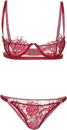 Amazon MSemis Woman S Lace Eyelash Sheer Lingerie Set 1 4 Cup Underwire Balconette Shelf