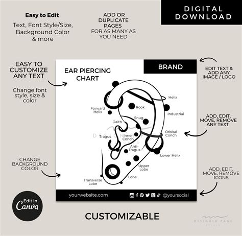 editable ear piercing chart template canva printable ear piercings