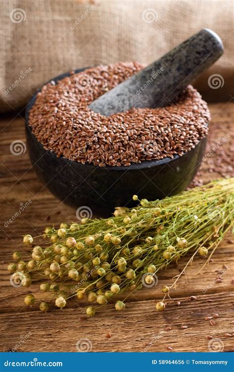 Harvested Flux In Front Of Mortar Full Of Seeds Stock Photo Image Of