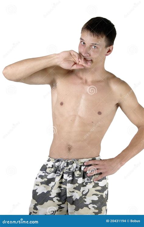 Smiling Athletic Naked Torso Guy Biting Hand Stock Photo Image Of Laughing White