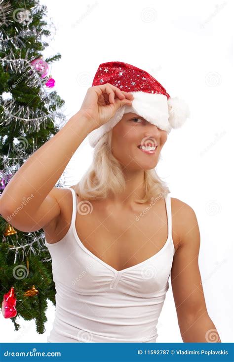 Playful Blonde Near Christmas Tree Stock Image Image Of Costume Isolated 11592787