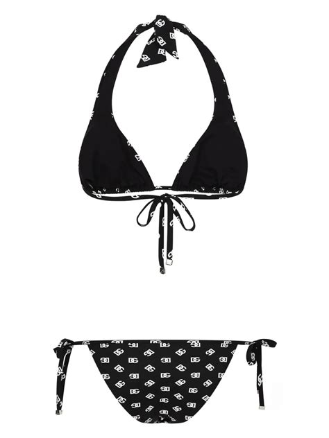 Dolce Gabbana Triangle Bikini With Dg Logo Print In Black Modesens