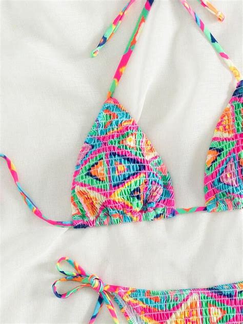 SHEIN Swim BohoFeel Geo Print Smocked Triangle Bikini Swimsuit SHEIN USA