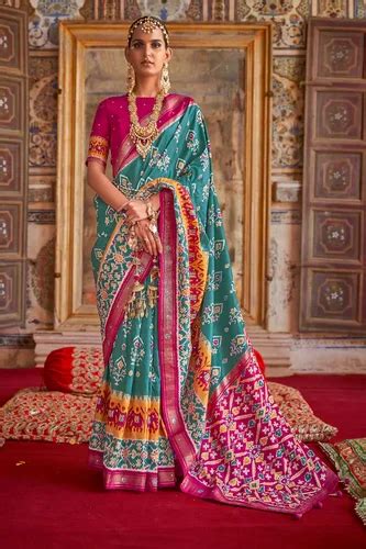 Teal Blue Viscos Dola Silk Saree With Designer Blouse विस्कोस साड़ी