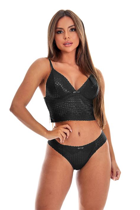 Conjunto Lingerie De Renda Cropped E Calcinha Tj Vip