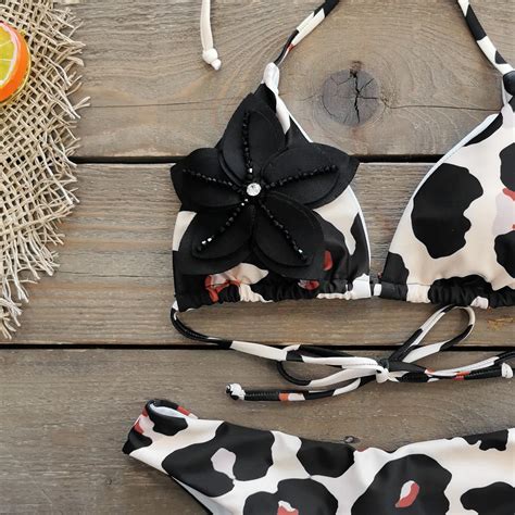 D Flower Low Waist Cow Print Bikini Set Brazilian Swimwear For Women With High Leg And