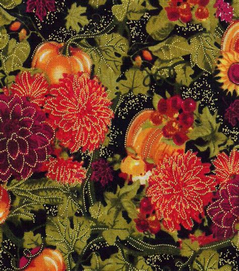 Harvest Cotton Fabric 43 Pumpkin Mum Burst Metallic Holiday Fabric Fall Decor Printing On