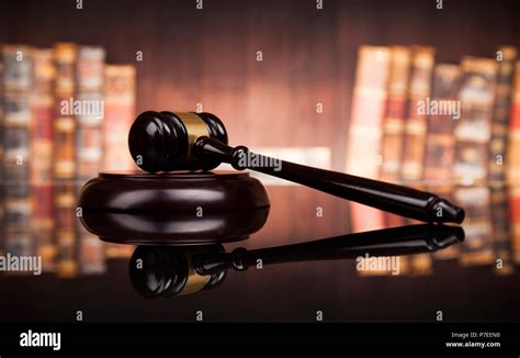 Law Theme Mallet Of The Judge Justice Scale Books Wooden Desk Stock