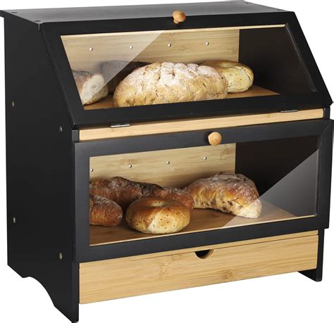 Homekoko Large Bamboo Two Layer Bread Box With Drawer Double Layers Large Bread Box For Kitchen