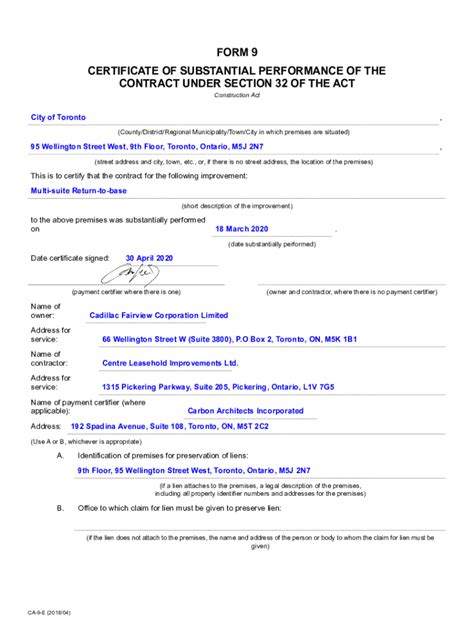 Fillable Online T6 09 RTB Form 9 ONT Certificate Of Substantial