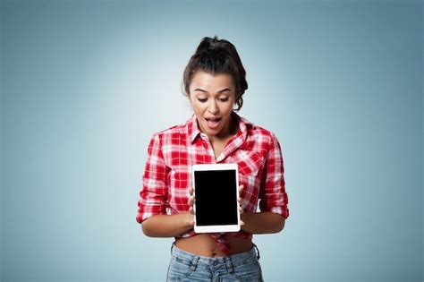 Free Photo Expressive Brunette Woman Wearing Striped Shirt And