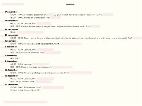 Course calendar and organization including lectures, exercises, and ...