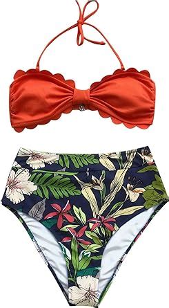 Amazon CUPSHE Women S Tropical Print Scallop Top High Waisted Bikini S Red Clothing