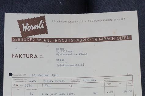 Alte Rechnung Wernli Biscuitsfabrik Trimbach 1946 TOP Kaufen