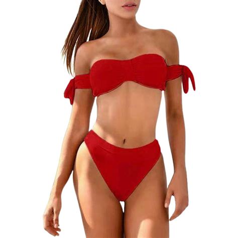 Anineo Women Swimwear Solid Color Print Split High Waist Pants Spaghetti Backless Bikini Trendy