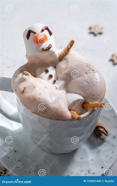 Hot Chocolate With Melted Marshmallow Snowman Stock Photo Image Of Sweet Christmas 159931460