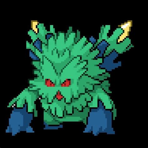 an old pixel art style image of a green creature with red eyes and ...