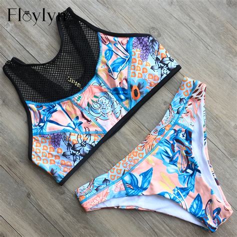 Floylin Sexy Mujeres De Cuello Alto Halter Malla Cremallera Bikini Set Tanque Superior Traje De