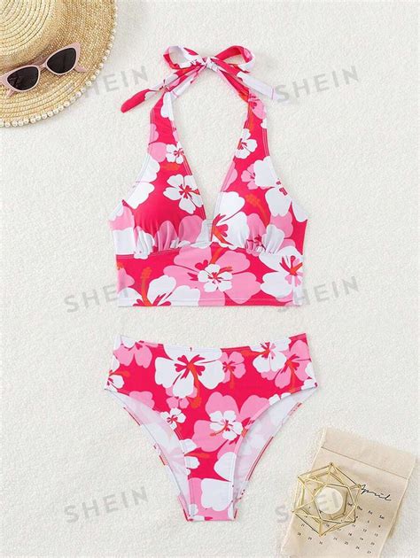 SHEIN VCAY Conjunto de Maiô Bikini feminino estampas florais top halter neck e parte de