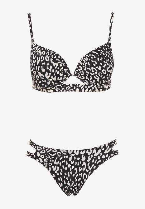 Czarne Bikini w Panterkowy Wzór Biustonosz i Majtki Figi Zdobione Wycięciami Savrienne Renee