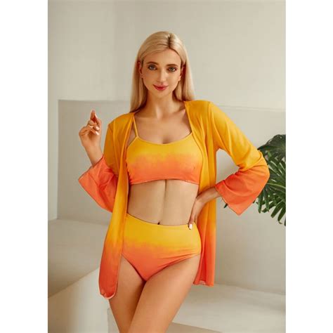 High Waist Bikini Set With Chiffon Sunscreen Shrug Swimwear India