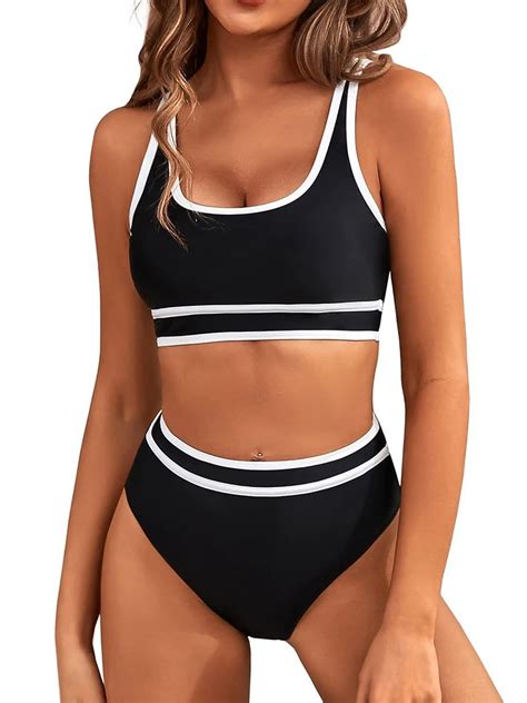 Bikini De Cintura Alta Para Mujer Ba Ador Sexy De Color Negro Liso Conjunto De Bikini