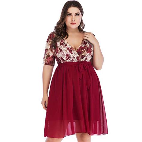 Plus Size Floral High Waist Chiffon Plus Size V Neck Cocktail Dresses