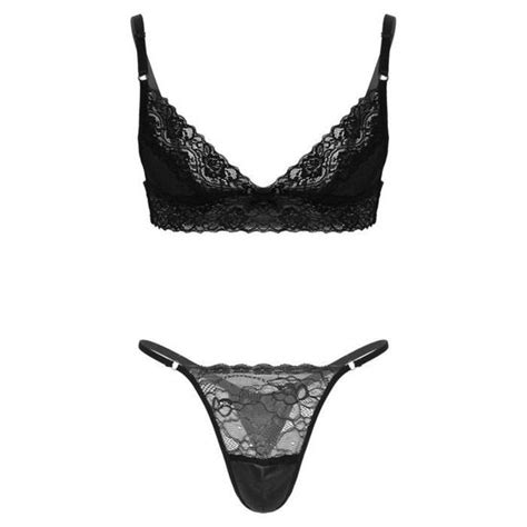 YIZYIF Ensemble Lingerie Sissy Homme Sexy Dentelle String et Soutien gorge Sous vêtement Gay M