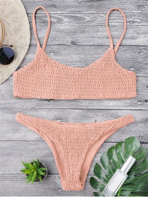 HOT 2018 Smocked Bikini Top And Bottoms In PINK M ZAFUL