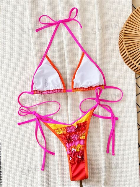 Shein Swim Conjunto De Bikini Con Bloques De Color Y Borde Con Volantes Separado Para Vacaciones
