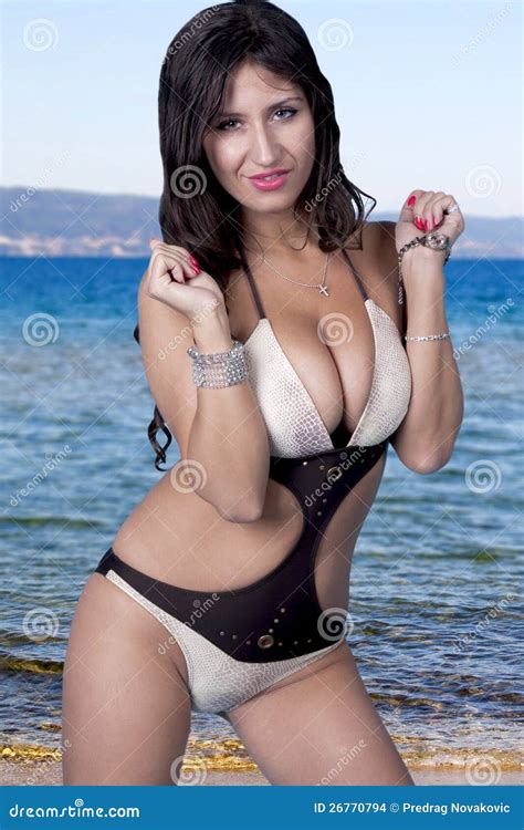 Frau Im Bikini Auf Dem Strand Stockfoto Bild von schönheit freizeit