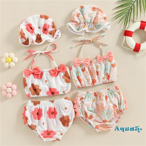 AQQ Baby Girls Three Piece Swimsuits Floral Print Halter Bikini Set Bathing Suit With Swim Cap