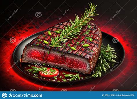 A Steak Steak On A Grill With A Rosemary Sprig On Top Of It And A Black