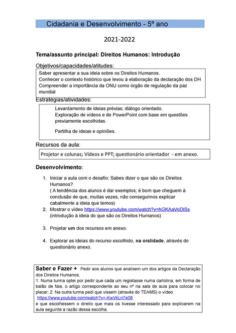 O Que É Cidadania 5 Ano - Plano de aula DH introdução - Cidadania e Desenvolvimento - 5º ano Tema ...