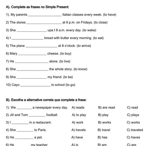Frases No Present Simple - Complete a frase no Simple Present - brainly.com.br