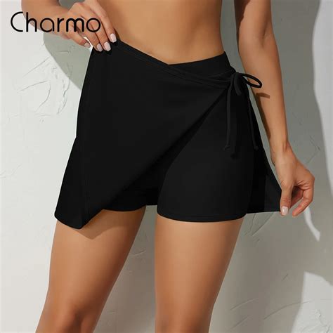 Charmo Women High Waist Side Drawstring Swim Skirt With One Pocket Solid Color Tankini Bikini