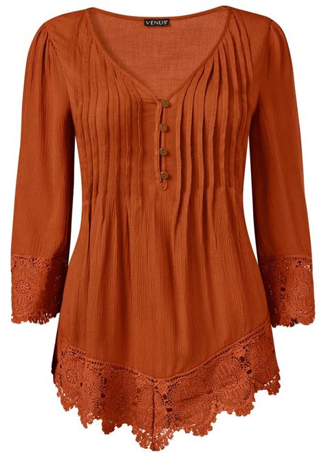 Lace Detail Button Up Top In Burnt Orange Venus Fashion Lace