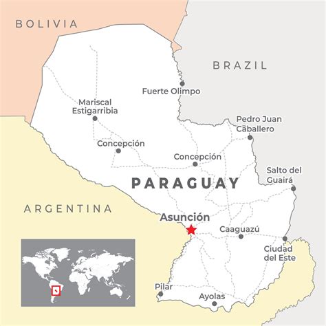 Paraguay Political Map with capital Asuncion, most important cities and