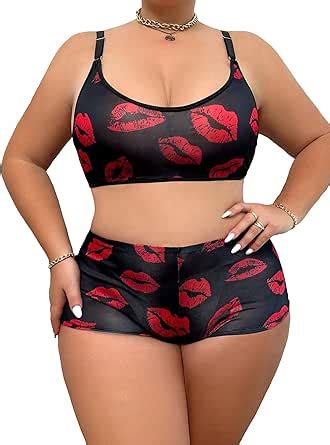 Amazon Soly Hux Women S Plus Size Lip Print Lingerie Set Bra And Panty Underwear Sets Black