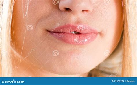 Closeup Picture Of Blonde Woman Beautiful Smiling Lips Stock Image