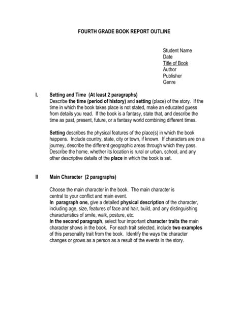 Fourth Grade Book Report Outline With 4th Grade Book Report Template