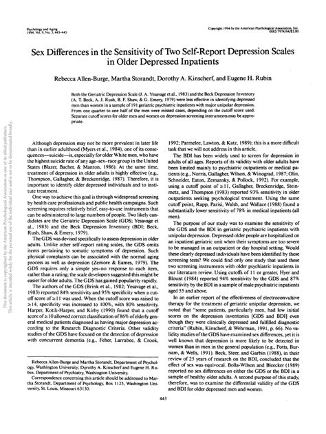 Sex Differences In The Sensitivity Of Two Self Report Depression Scales In Older Depressed